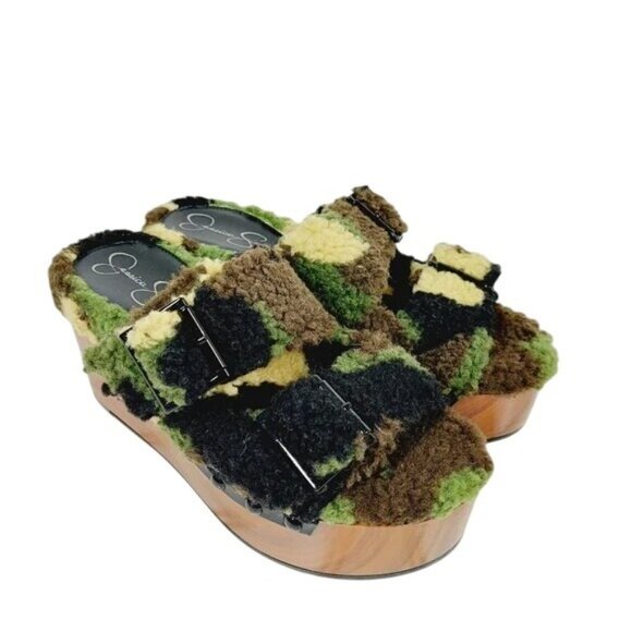 Jessica Simpson Furry Wooden Sz 5.5 Platform Slip-On Sandals - Picture 3 of 4